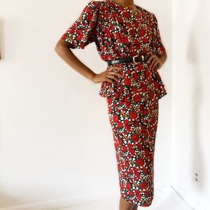 VTG 70s Red Floral 100% Silk Peplum Skirt Set S-M